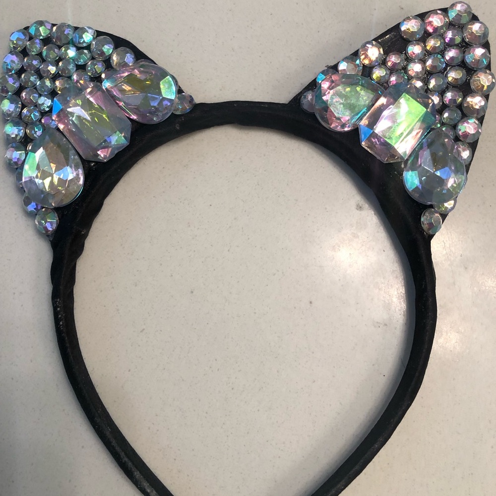 Stunning Black Cat Ear Headband with Iridescent Crystal Rhinestone Gems
